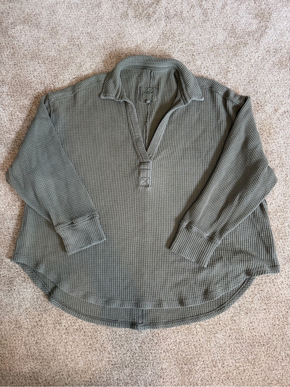 Aerie Olive Green Waffle Knit V Neck Pullover Oversized Sweater